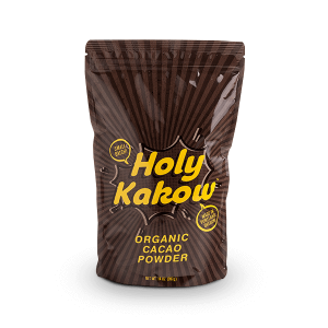 A bag of Holy Kakow organic cacao powder