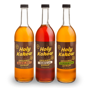 3 bottles of Holy Kakow organic coffee syrups